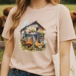 Rustic Chicken Coop Graphic Tee • Watercolor Rooster Hen Farm Shirt • Country